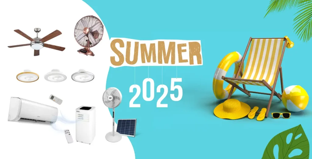 Prodotti per l'estate in offerta, ventilatori, condizionatori, ombrelloni. Come raffreddare la casa.