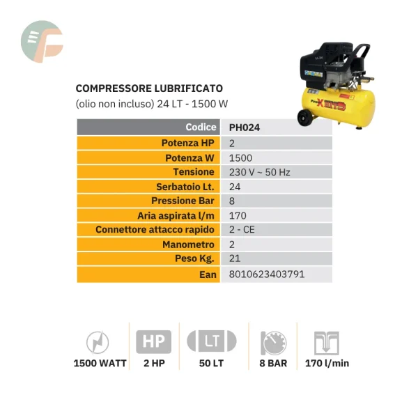 Compressore 2 HP 24 litri power X pressione di 8 bar. Ideale per molte attività garantendo un flusso d'aria costante di 170 lt/min