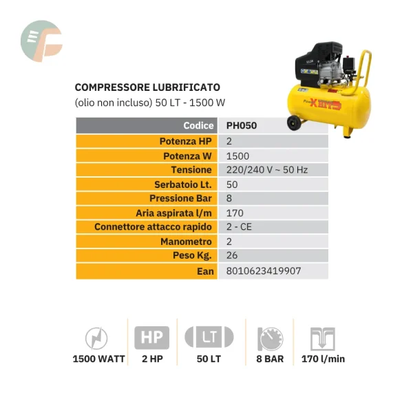 Compressore 2 HP 50 litri power X pressione di 8 bar. Ideale per molte attività garantendo un flusso d'aria costante di 170 lt/min